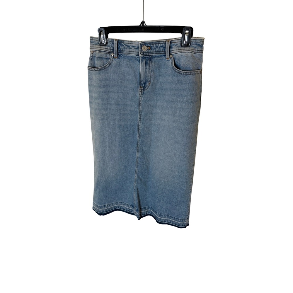 Talbots Petite Light Wash Denim Midi Skirt Released Raw Stepped Hem Size 4P